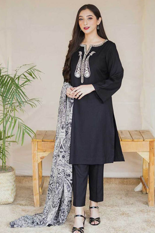 3 Piece Unstitched Embroidered Black Dhanak Marina Suit with Shawl-21