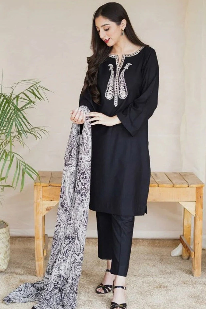 3 Piece Unstitched Embroidered Black Dhanak Marina Suit with Shawl-21