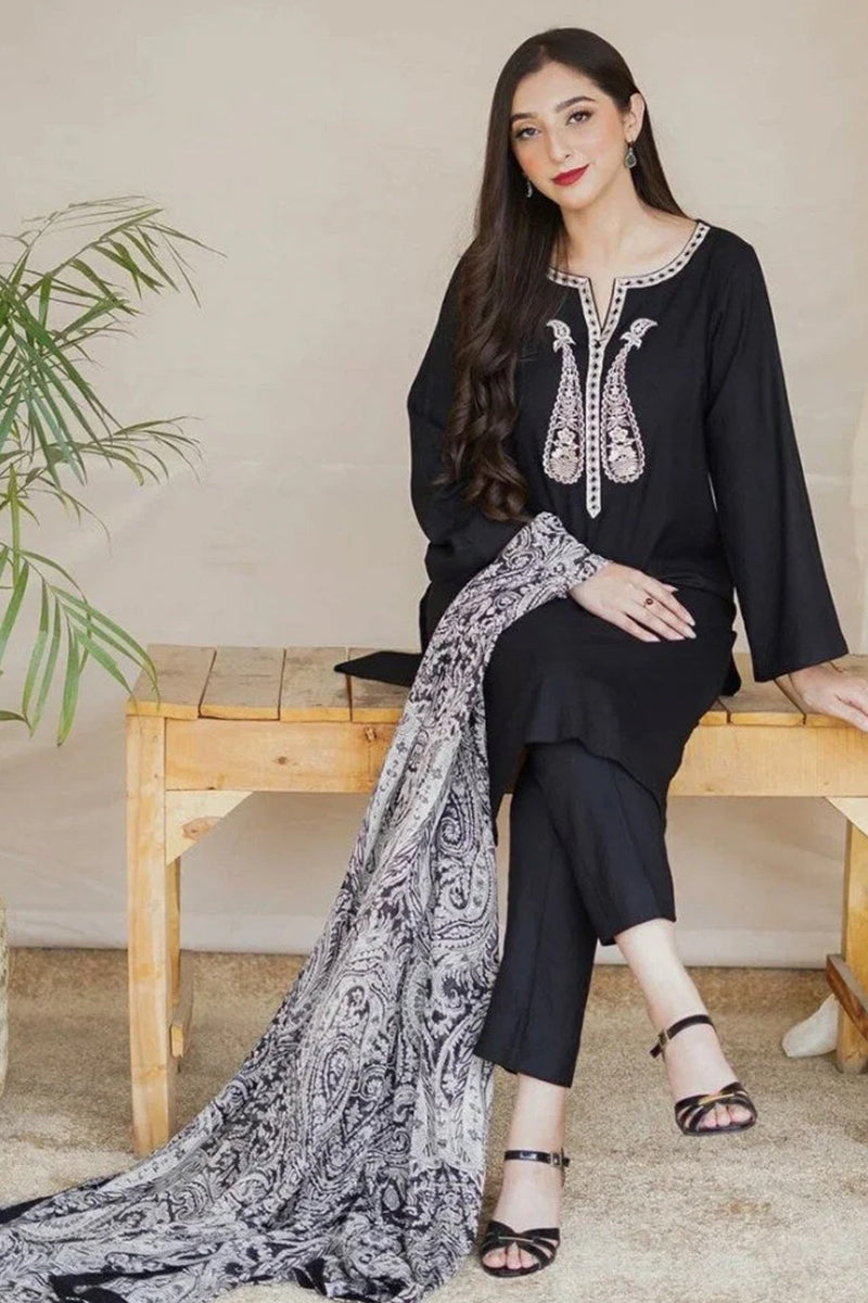 3 Piece Unstitched Embroidered Black Dhanak Marina Suit with Shawl-21