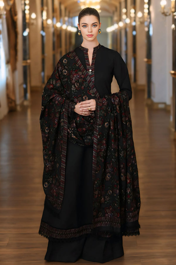 3 Piece Unstitched Embroidered Black Dhanak Marina Suit with Shawl-9