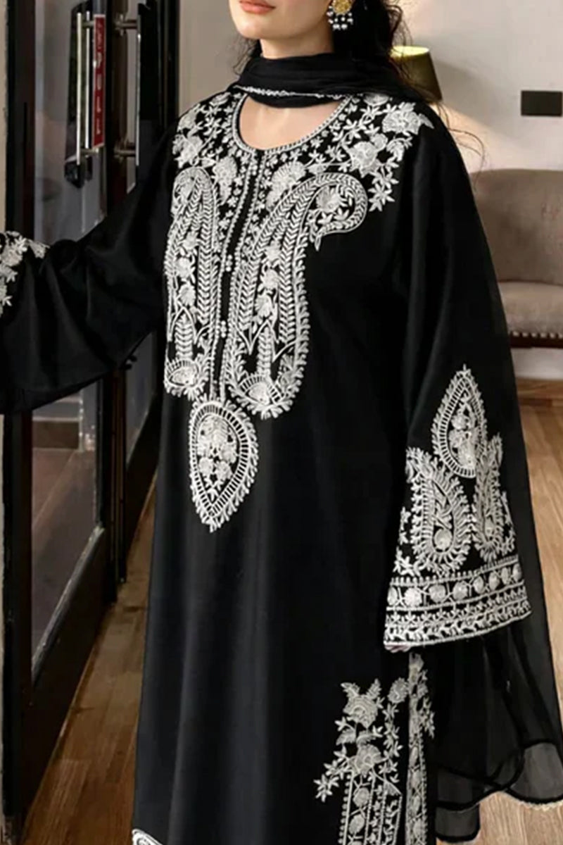 3 Piece Unstitched Embroidered Black Lawn Suit-8