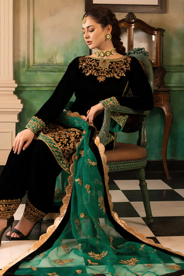 3 Piece Unstitched Embroidered Black Velvet Suit with Shawl-2