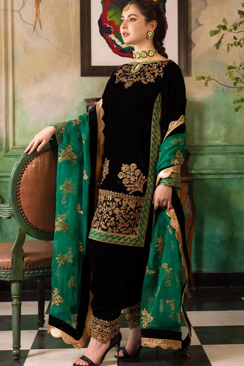 3 Piece Unstitched Embroidered Black Velvet Suit with Shawl-2