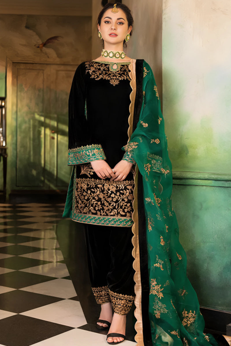 3 Piece Unstitched Embroidered Black Velvet Suit with Shawl-2