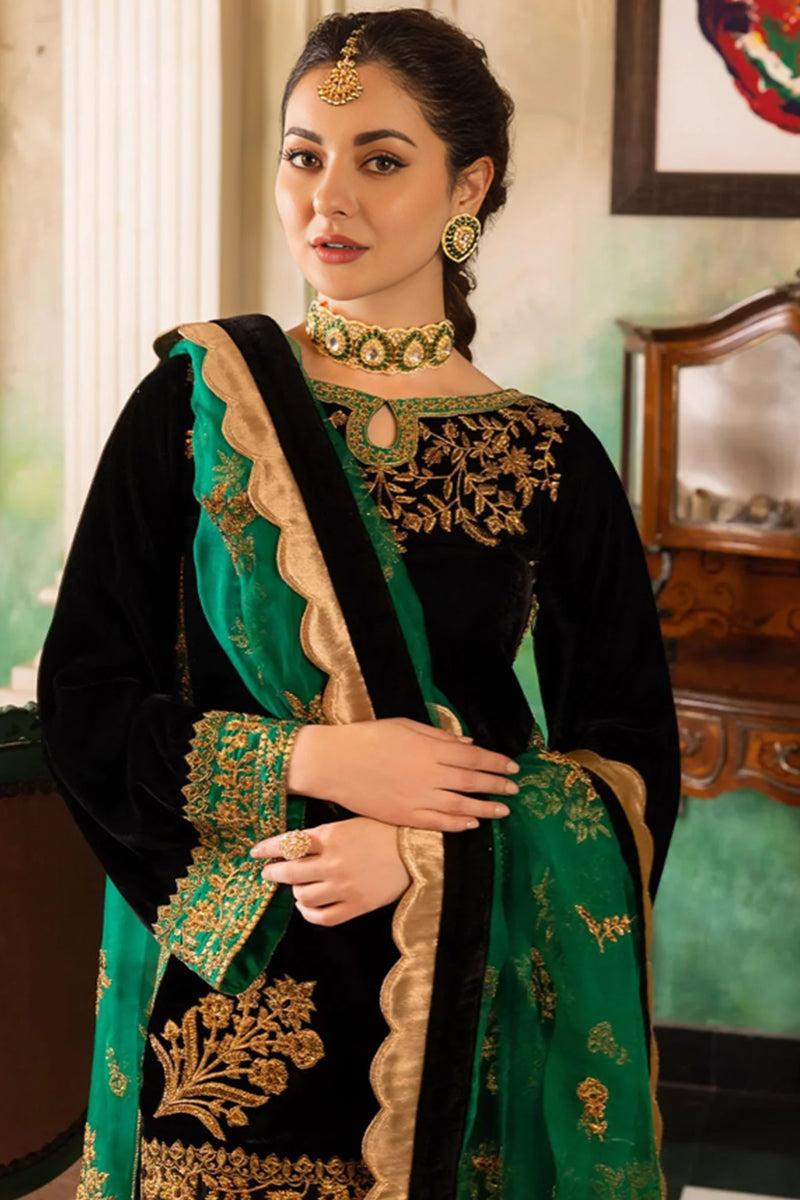 3 Piece Unstitched Embroidered Black Velvet Suit with Shawl-2