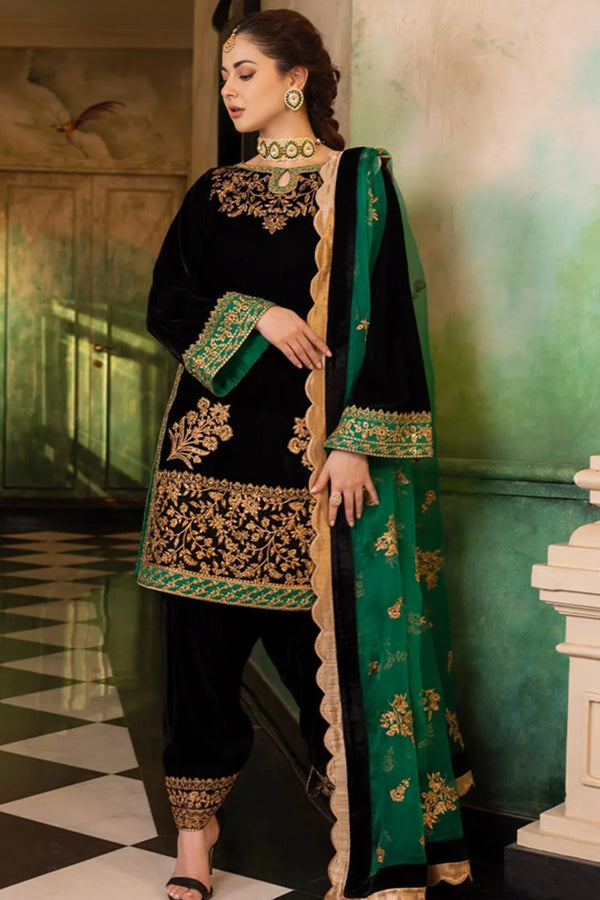 3 Piece Unstitched Embroidered Black Velvet Suit with Shawl-2