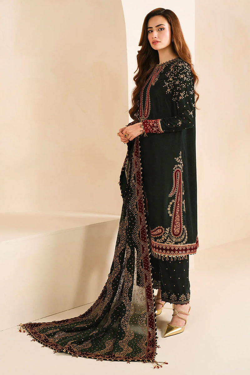 3 Piece Unstitched Embroidered Black Velvet Suit with Shawl-3