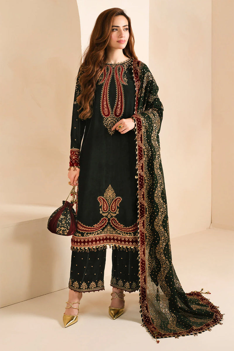 3 Piece Unstitched Embroidered Black Velvet Suit with Shawl-3