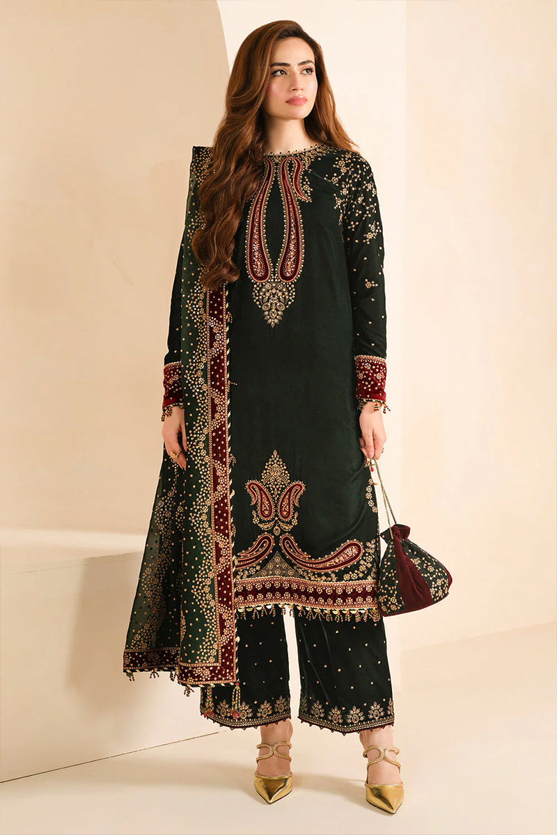 3 Piece Unstitched Embroidered Black Velvet Suit with Shawl-3