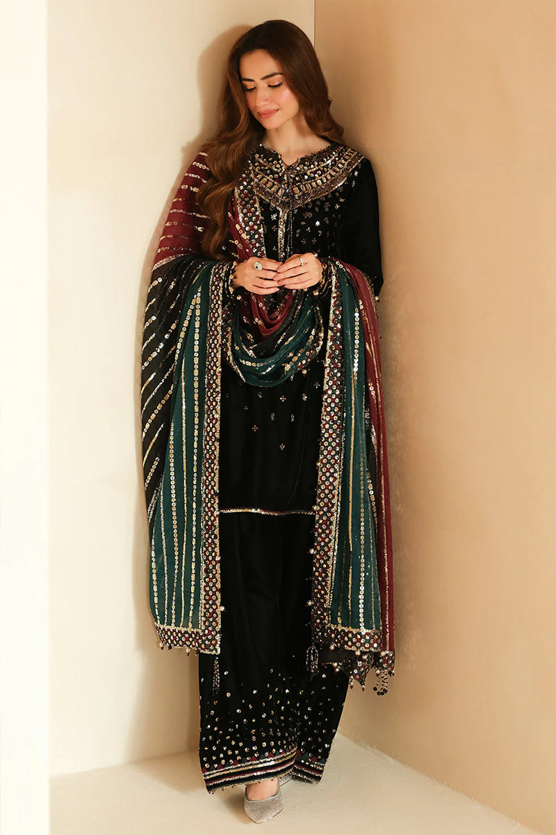 3 Piece Unstitched Embroidered Black Velvet Suit with Shawl-4