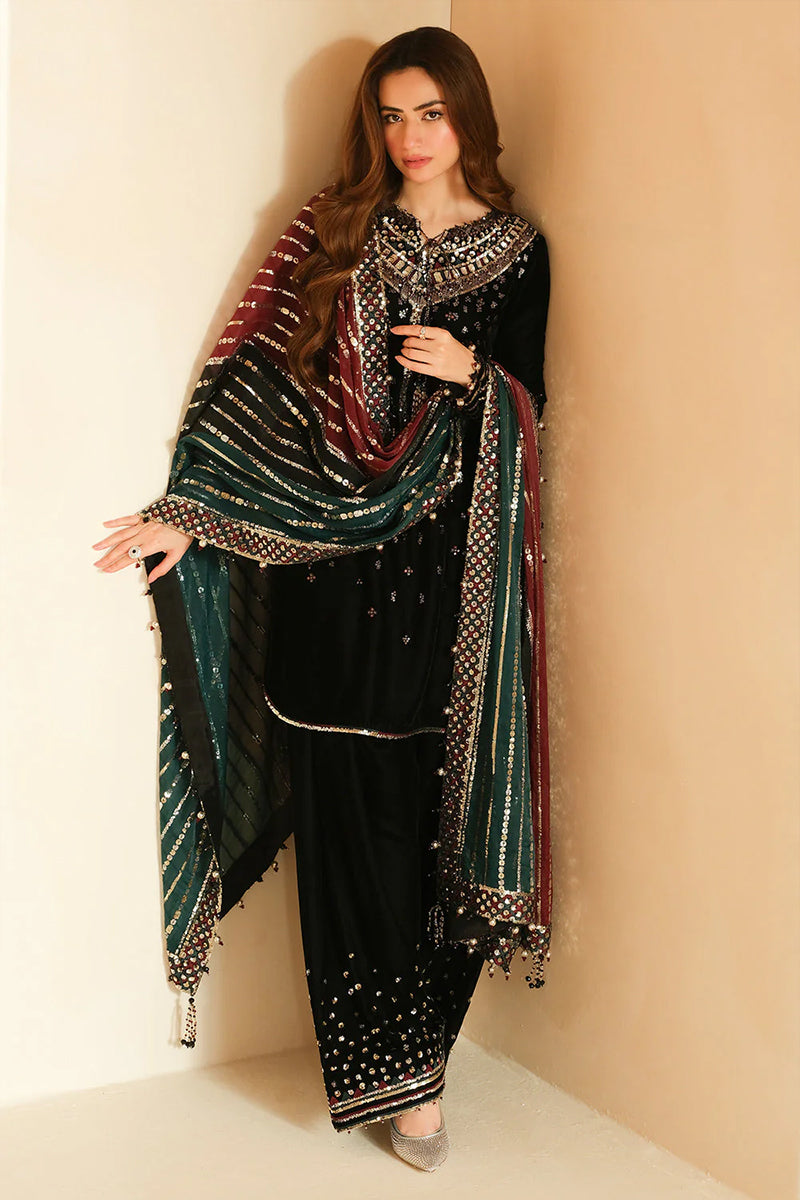 3 Piece Unstitched Embroidered Black Velvet Suit with Shawl-4