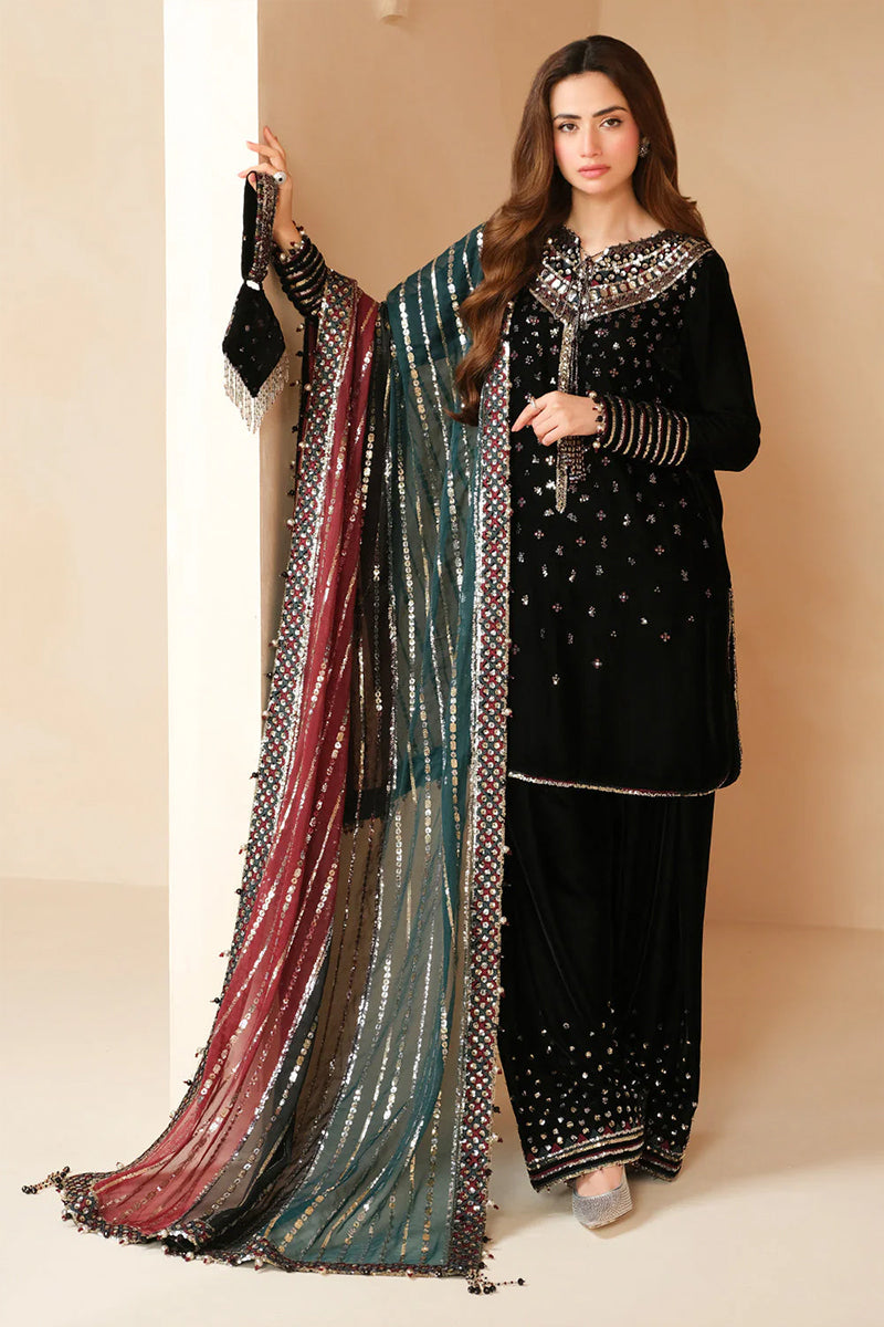 3 Piece Unstitched Embroidered Black Velvet Suit with Shawl-4