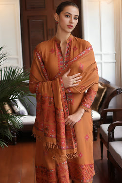 3 Piece Unstitched Embroidered Brown Dhanak Marina Suit with Shawl-2