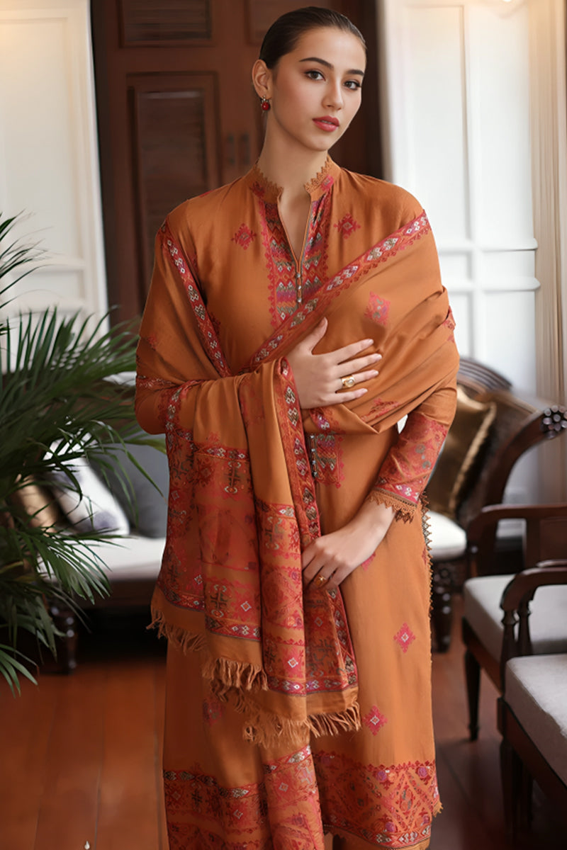 3 Piece Unstitched Embroidered Brown Dhanak Marina Suit with Shawl-2