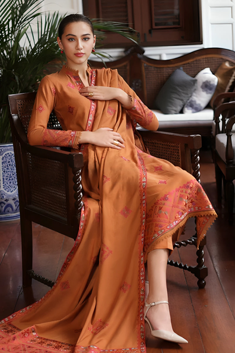 3 Piece Unstitched Embroidered Brown Dhanak Marina Suit with Shawl-2