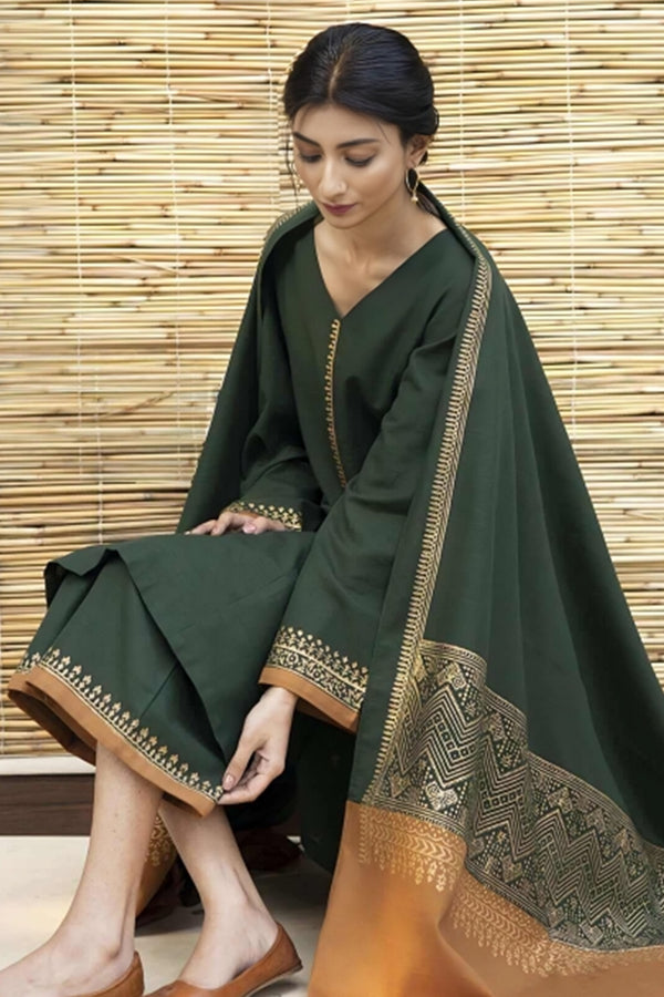 3 Piece Unstitched Embroidered Dark Green Dhanak Marina Suit with Shawl-1