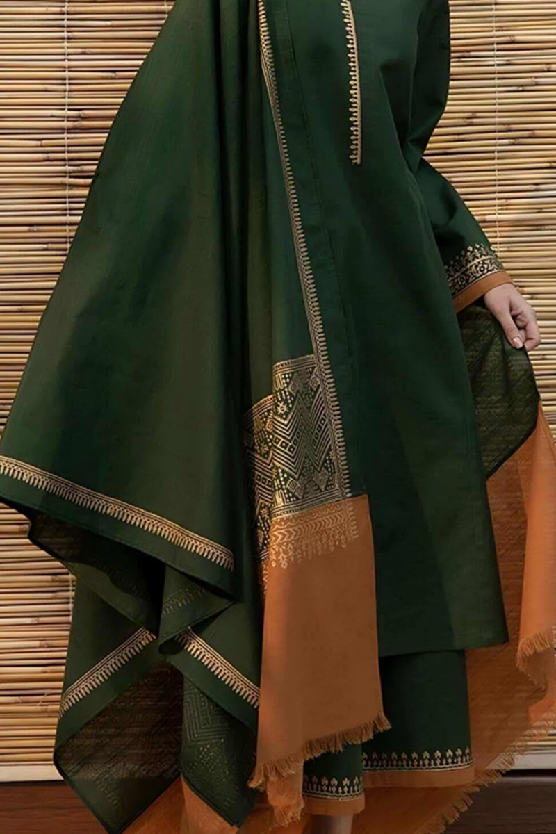 3 Piece Unstitched Embroidered Dark Green Dhanak Marina Suit with Shawl-1