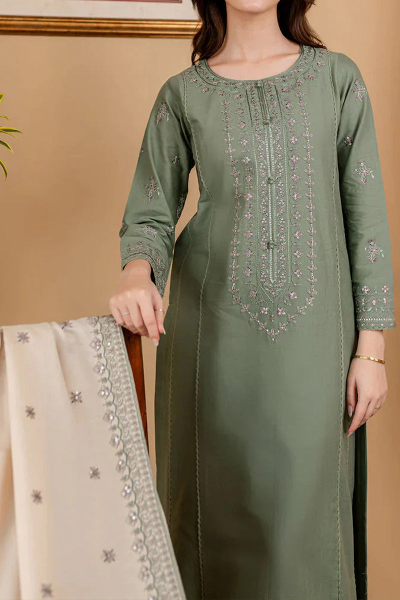 3 Piece Unstitched Embroidered Green Lawn Suit-5
