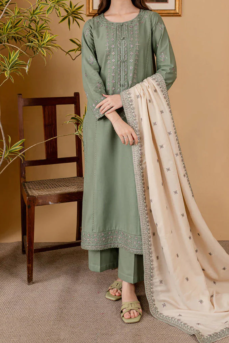 3 Piece Unstitched Embroidered Green Lawn Suit-5