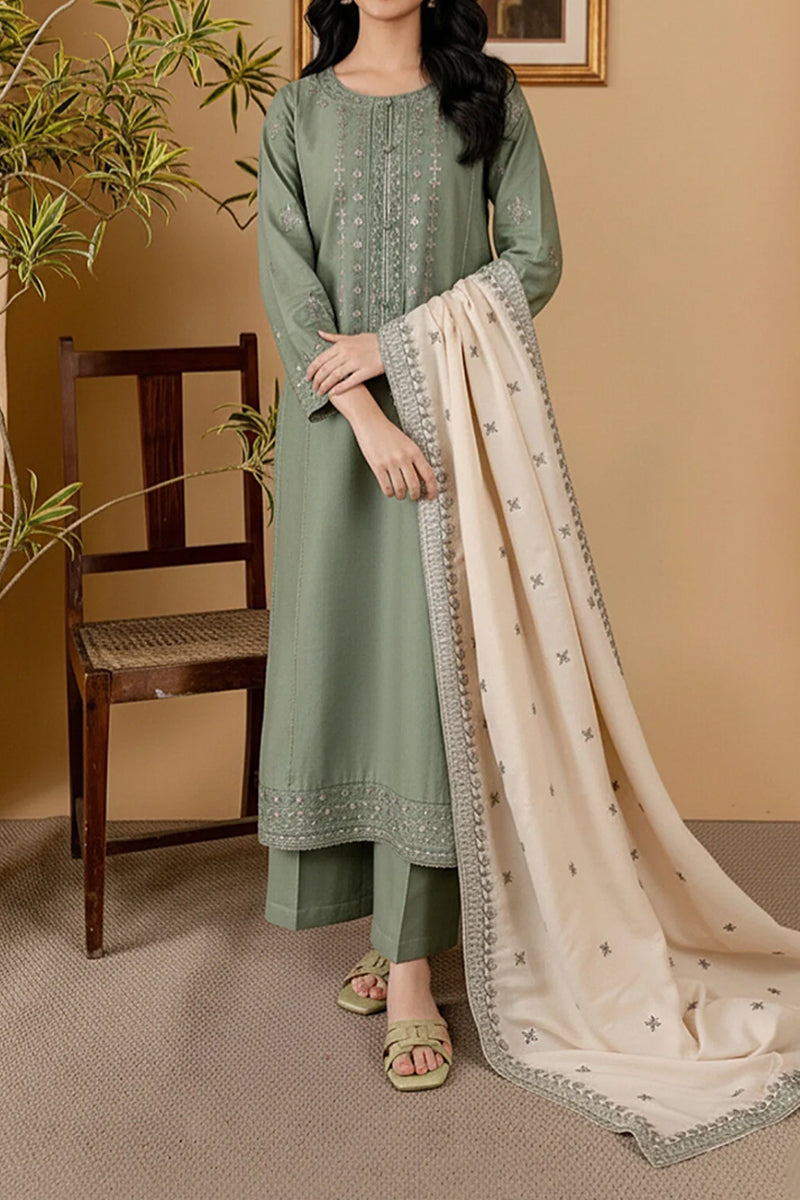 3 Piece Unstitched Embroidered Green Lawn Suit-5
