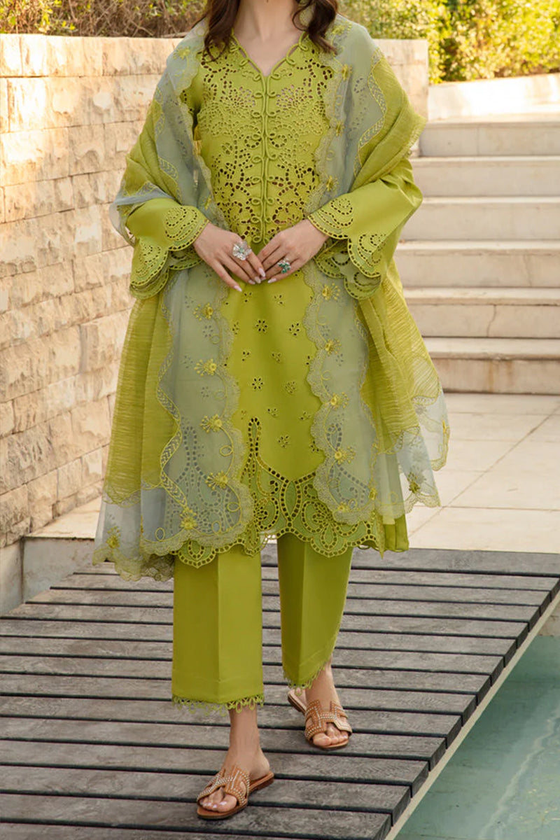3 Piece Unstitched Embroidered Green Lawn Suit-6
