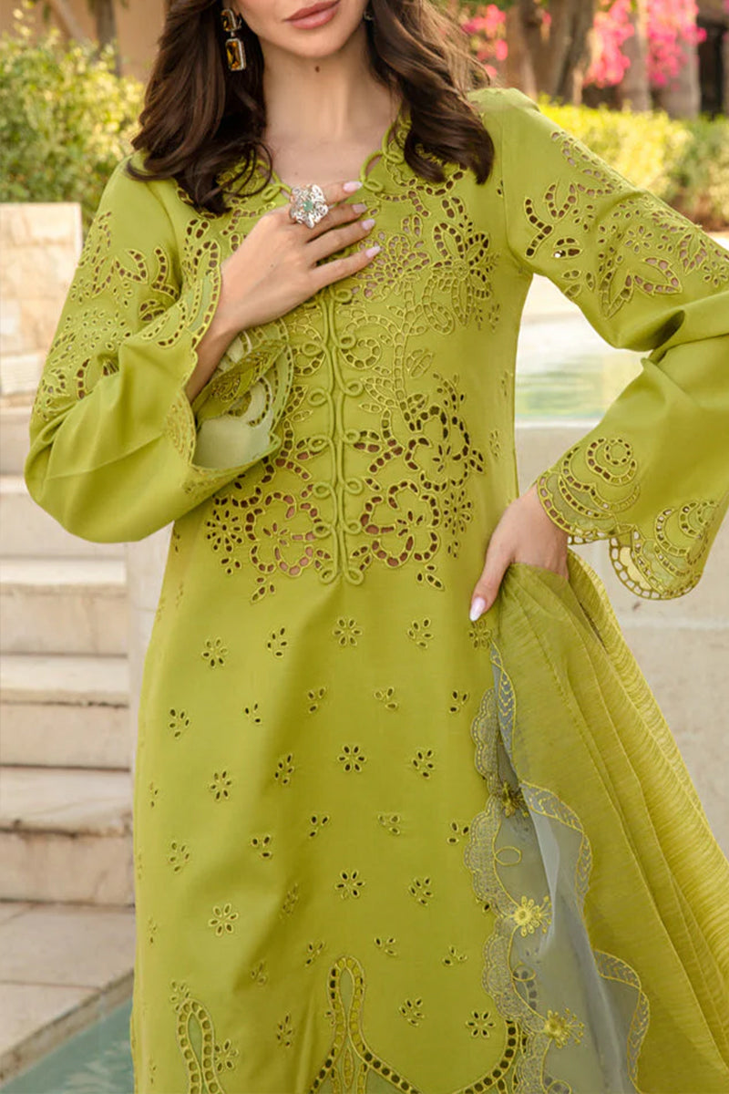 3 Piece Unstitched Embroidered Green Lawn Suit-6