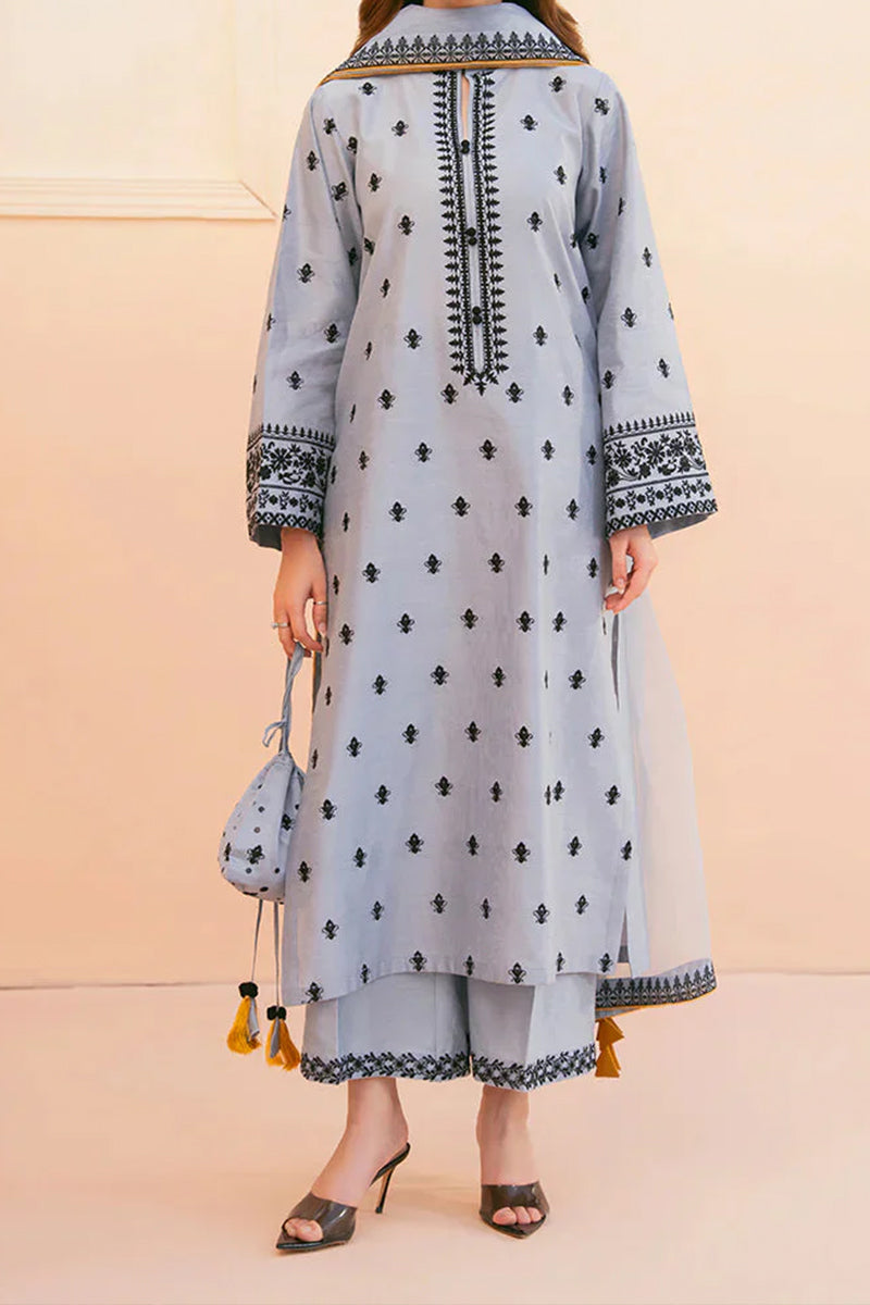 3 Piece Unstitched Embroidered Grey Lawn Suit-2