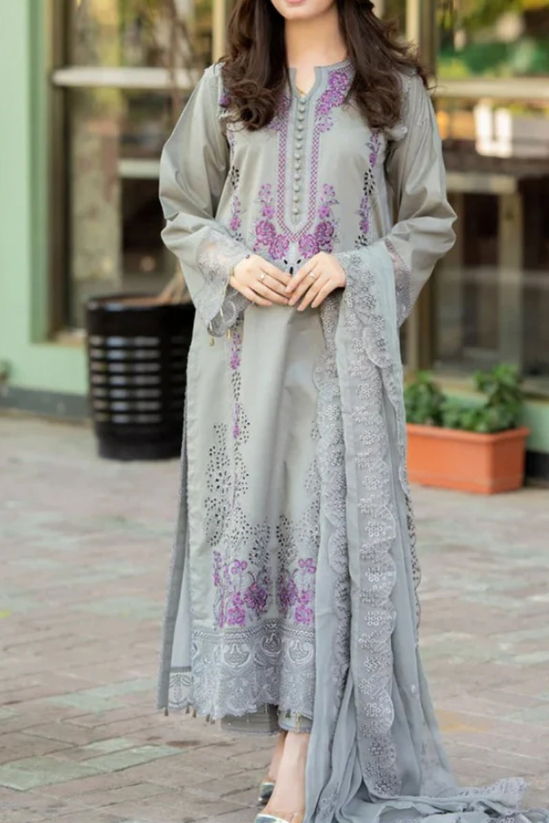 3 Piece Unstitched Embroidered Grey Lawn Suit-3