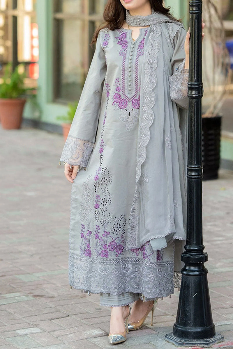 3 Piece Unstitched Embroidered Grey Lawn Suit-3