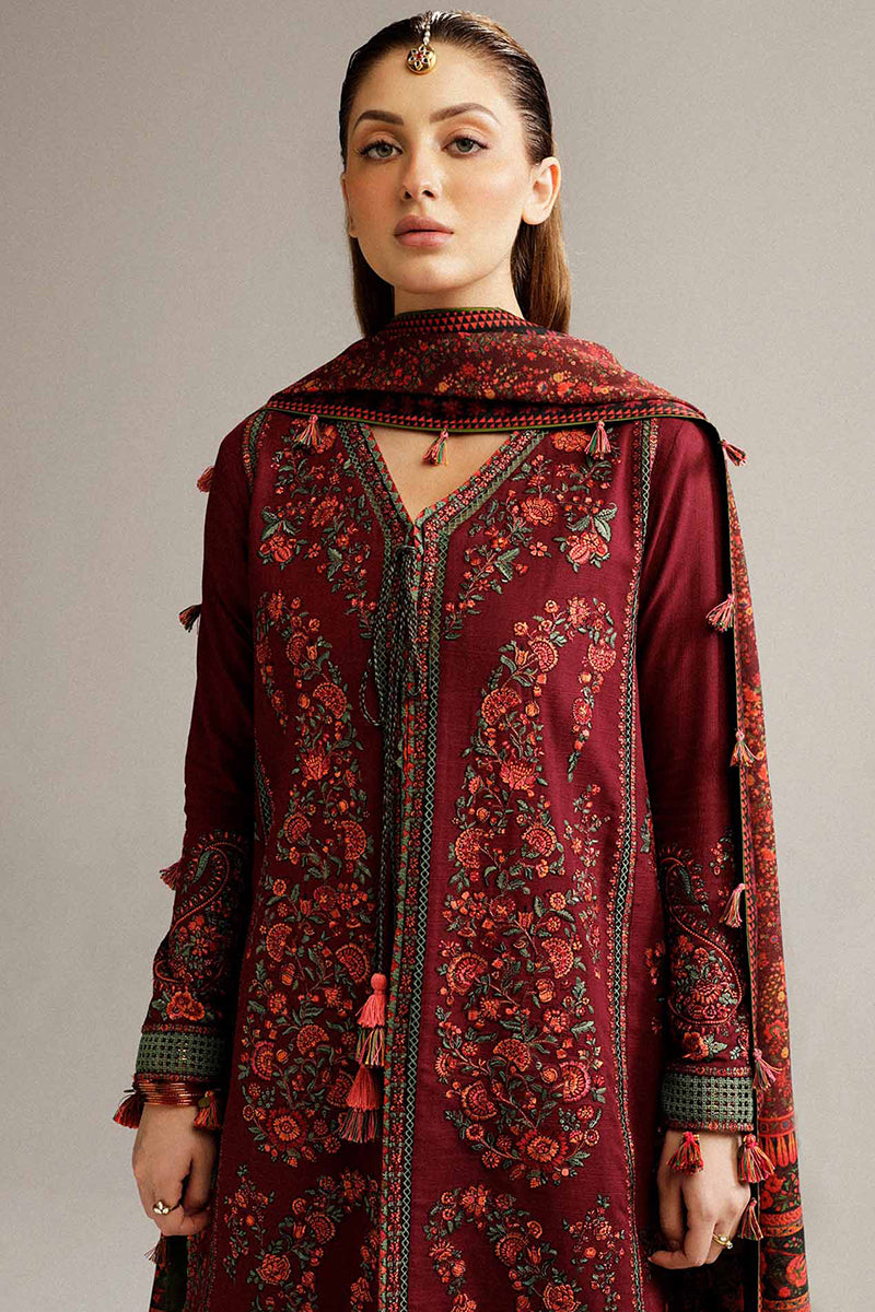 3 Piece Unstitched Embroidered Maroon Dhanak Marina Suit with Shawl-6