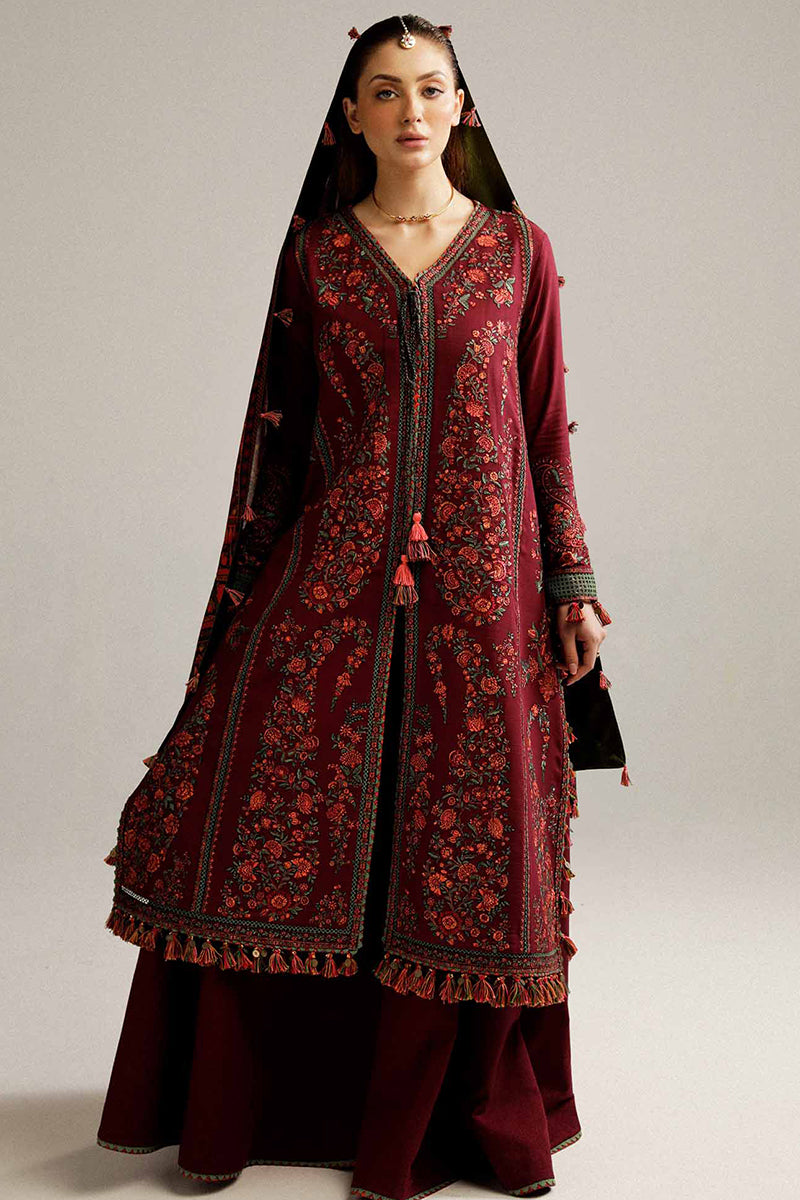 3 Piece Unstitched Embroidered Maroon Dhanak Marina Suit with Shawl-6