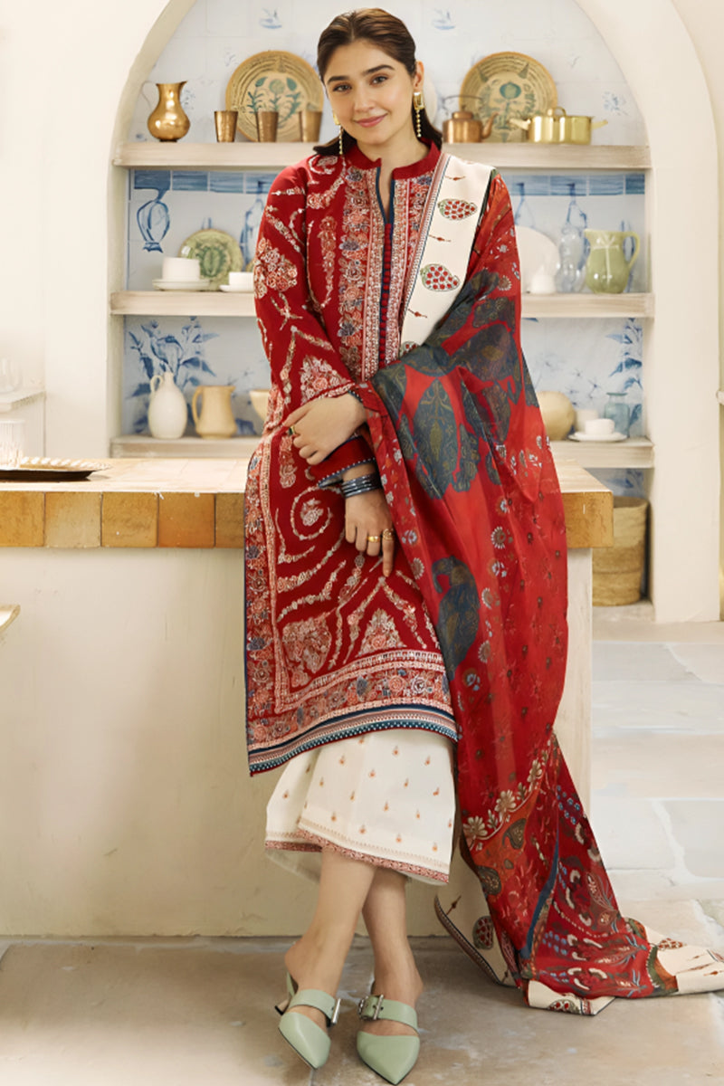 3 Piece Unstitched Embroidered Maroon Dhanak Marina Suit with Shawl-7