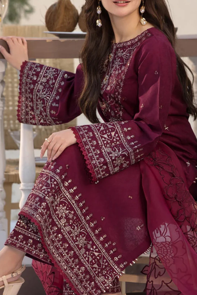 3 Piece Unstitched Embroidered Maroon Lawn Suit-3