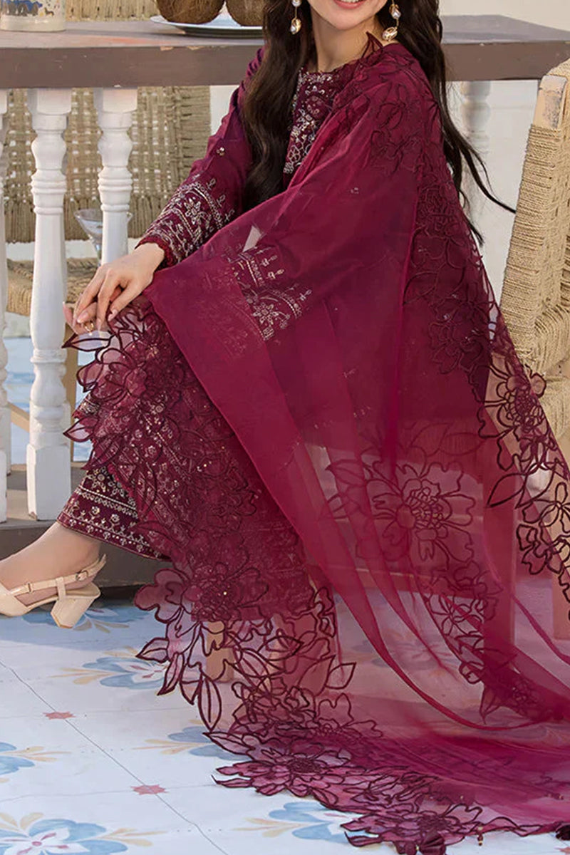 3 Piece Unstitched Embroidered Maroon Lawn Suit-3