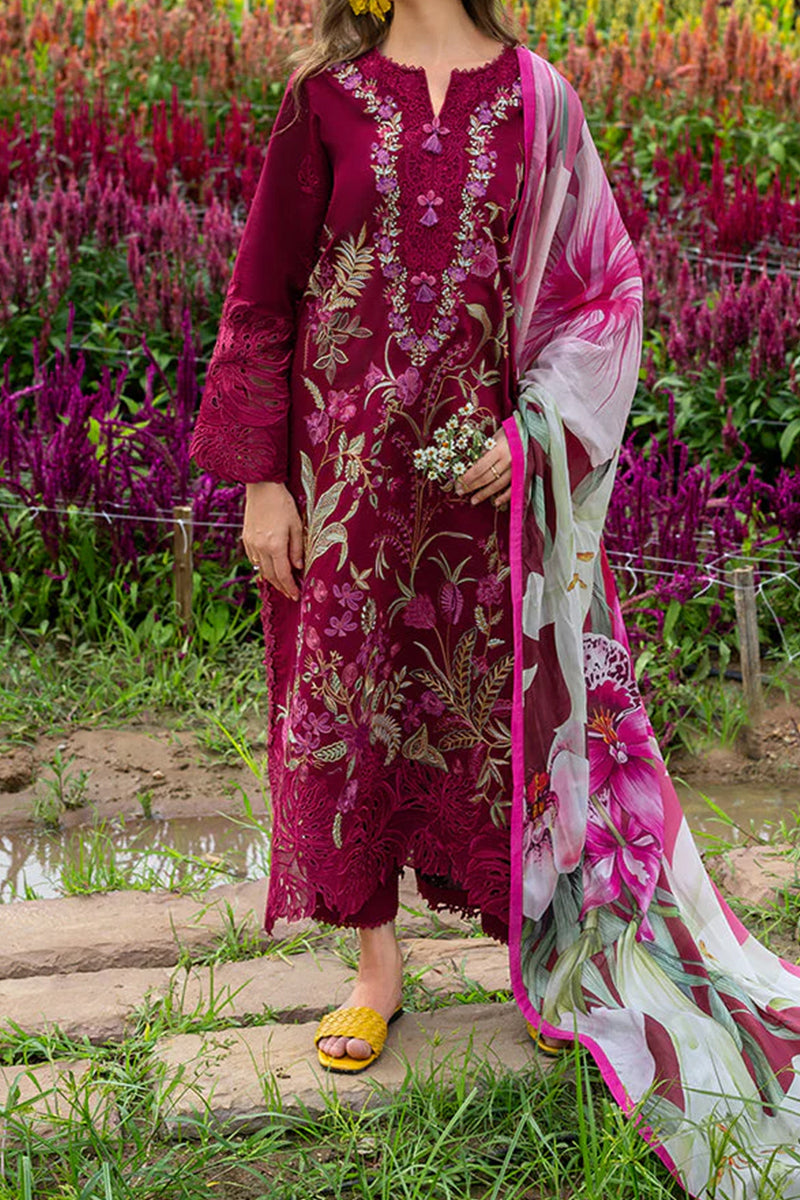 3 Piece Unstitched Embroidered Maroon Lawn Suit-5