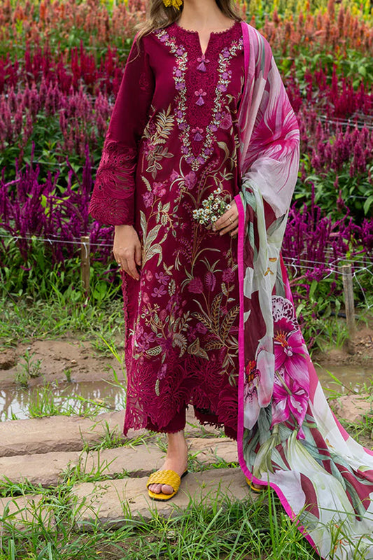 3 Piece Unstitched Embroidered Maroon Lawn Suit-5