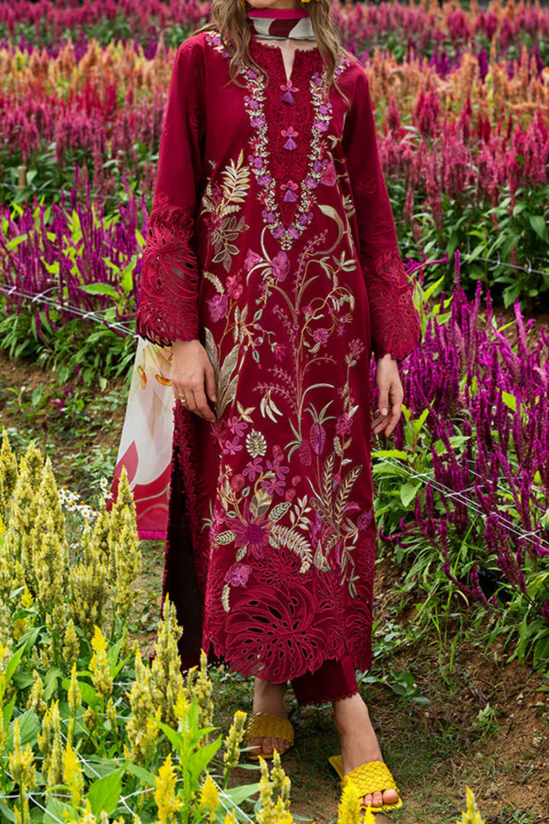 3 Piece Unstitched Embroidered Maroon Lawn Suit-5