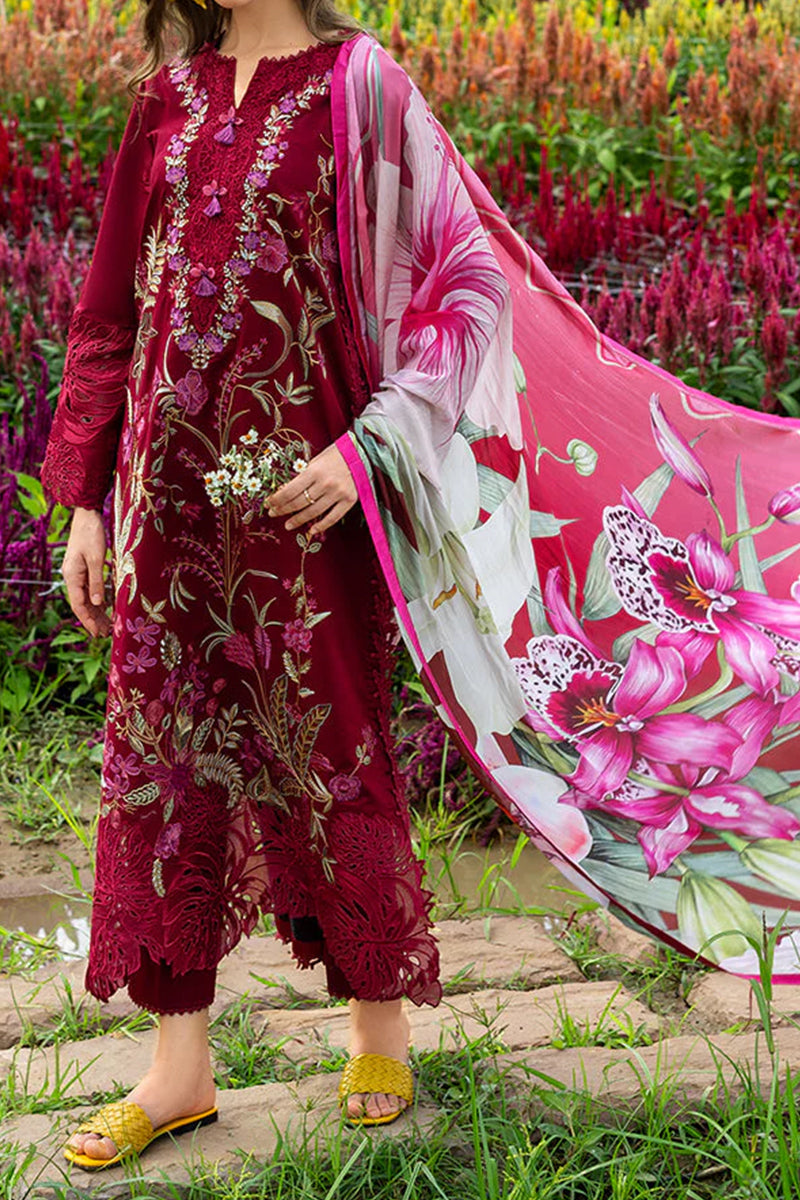 3 Piece Unstitched Embroidered Maroon Lawn Suit-5