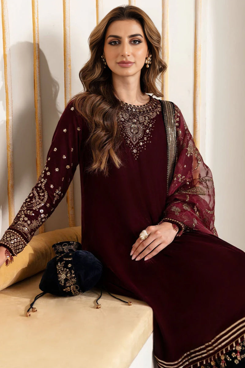 3 Piece Unstitched Embroidered Maroon Velvet Suit with Shawl-3