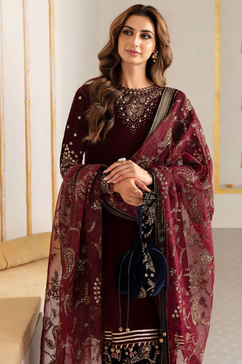 3 Piece Unstitched Embroidered Maroon Velvet Suit with Shawl-3