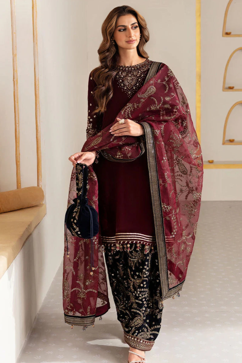 3 Piece Unstitched Embroidered Maroon Velvet Suit with Shawl-3