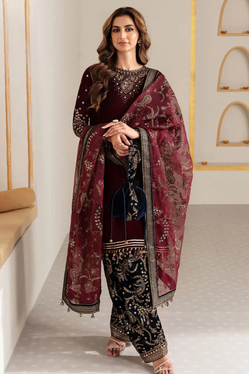 3 Piece Unstitched Embroidered Maroon Velvet Suit with Shawl-3