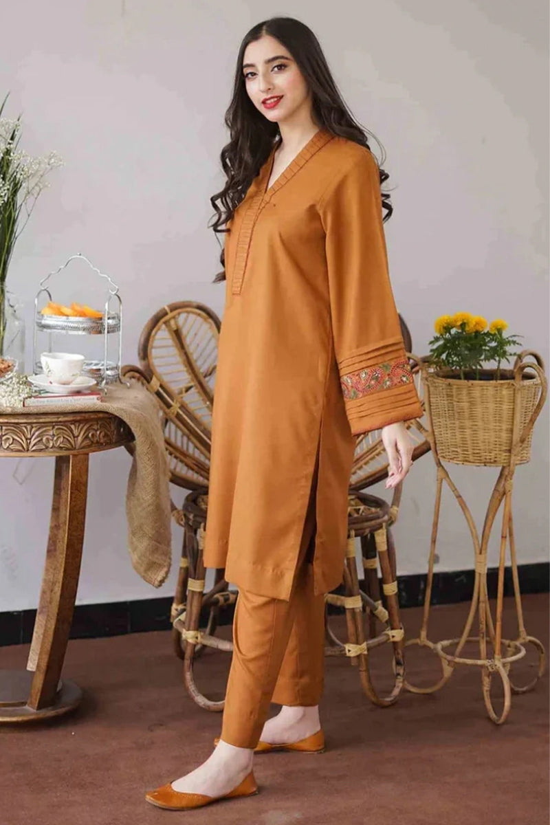 3 Piece Unstitched Embroidered Mustard Dhanak Marina Suit with Shawl-1