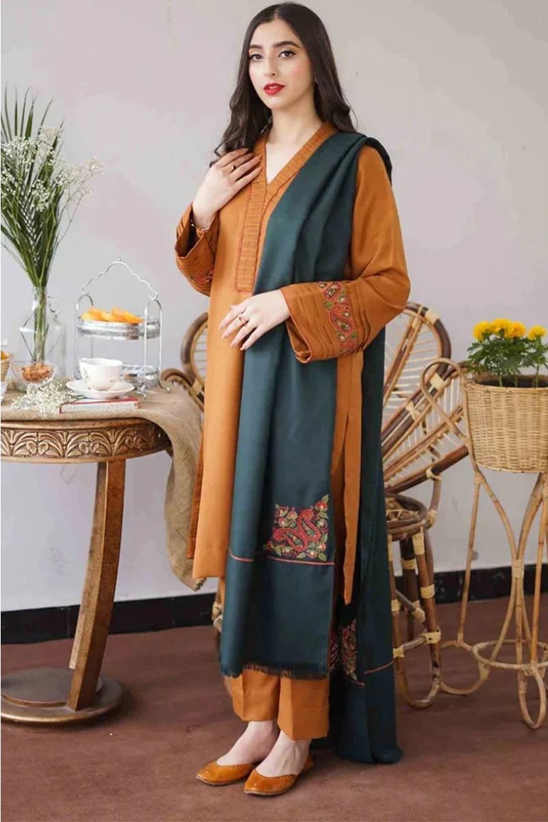 3 Piece Unstitched Embroidered Mustard Dhanak Marina Suit with Shawl-1