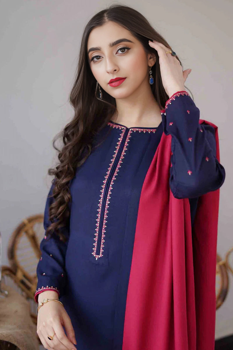 3 Piece Unstitched Embroidered Navy Blue Dhanak Marina Suit with Shawl-10