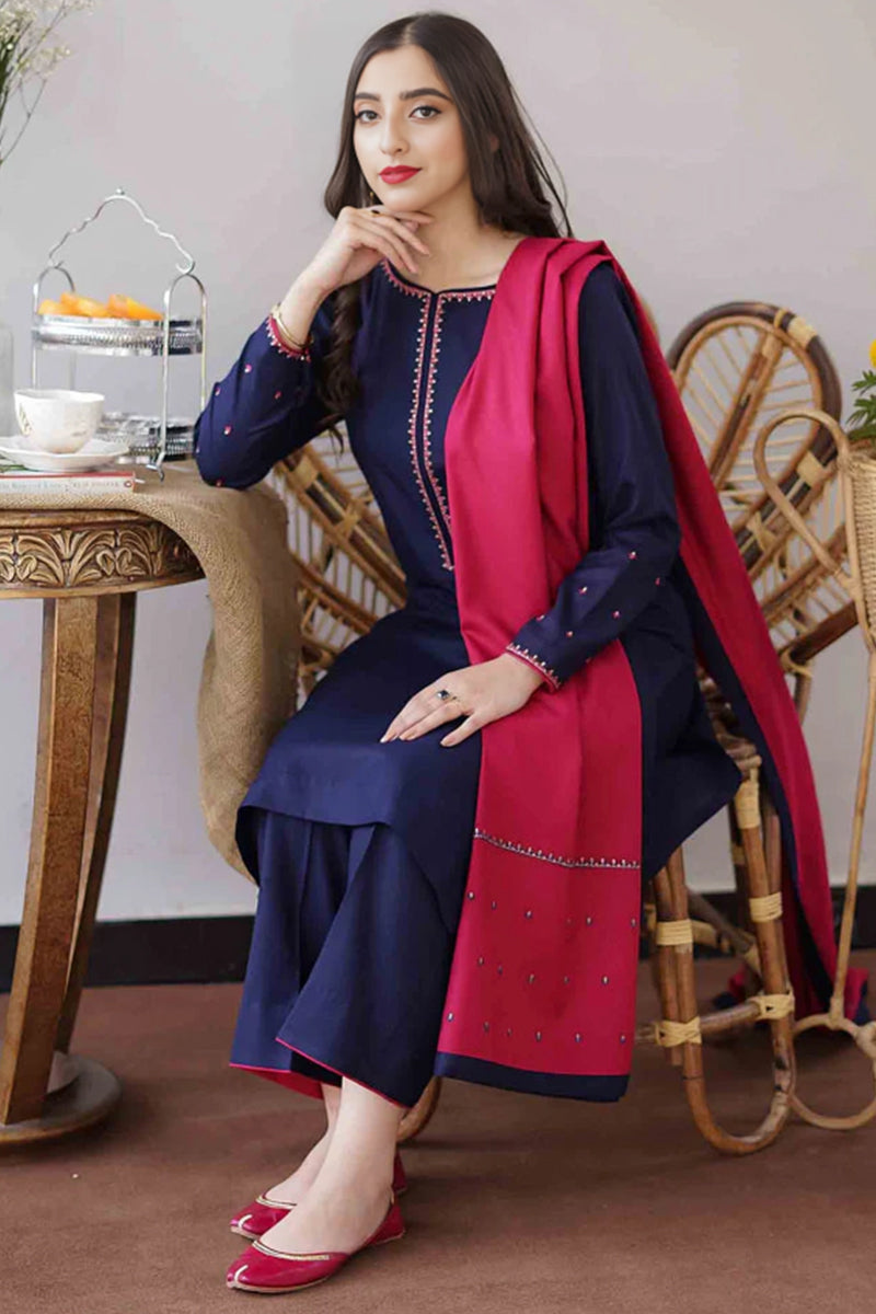 3 Piece Unstitched Embroidered Navy Blue Dhanak Marina Suit with Shawl-10