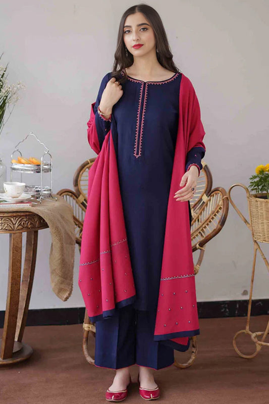 3 Piece Unstitched Embroidered Navy Blue Dhanak Marina Suit with Shawl-10