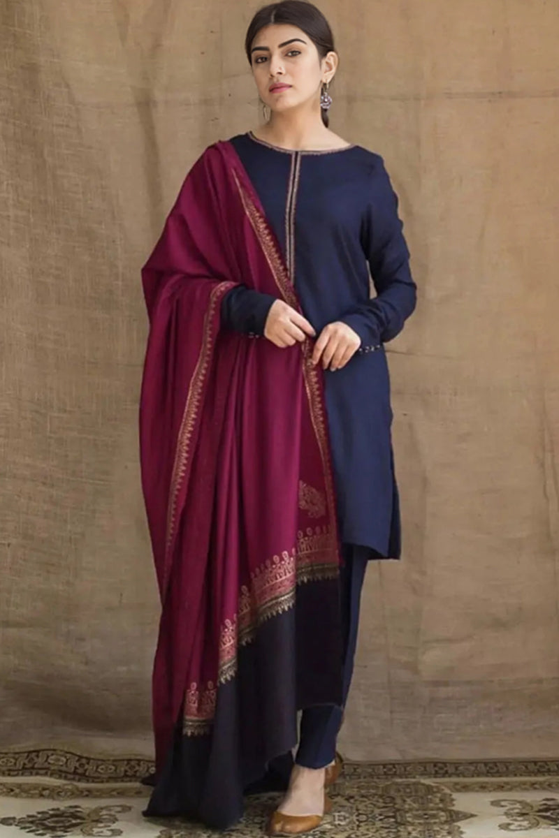 3 Piece Unstitched Embroidered Navy Blue Dhanak Marina Suit with Shawl-11