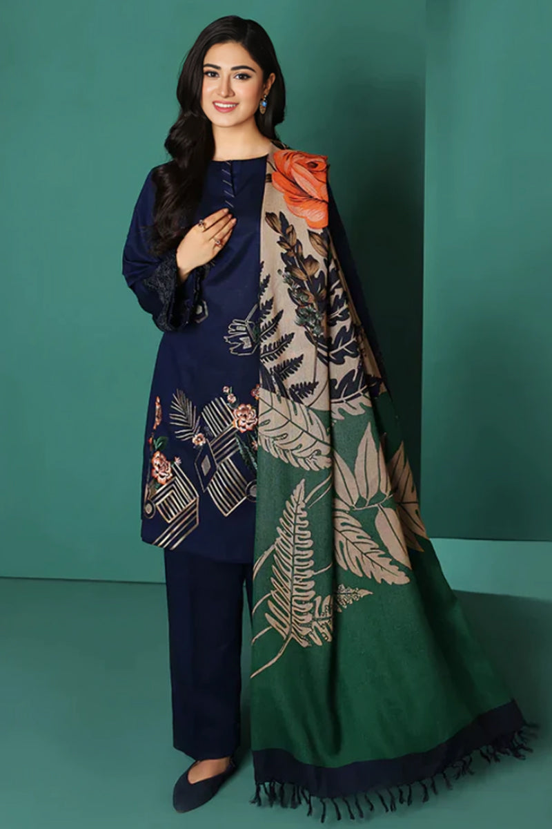 3 Piece Unstitched Embroidered Navy Blue Dhanak Marina Suit with Shawl-7