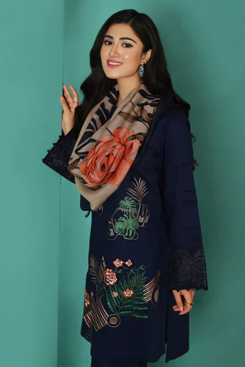 3 Piece Unstitched Embroidered Navy Blue Dhanak Marina Suit with Shawl-7